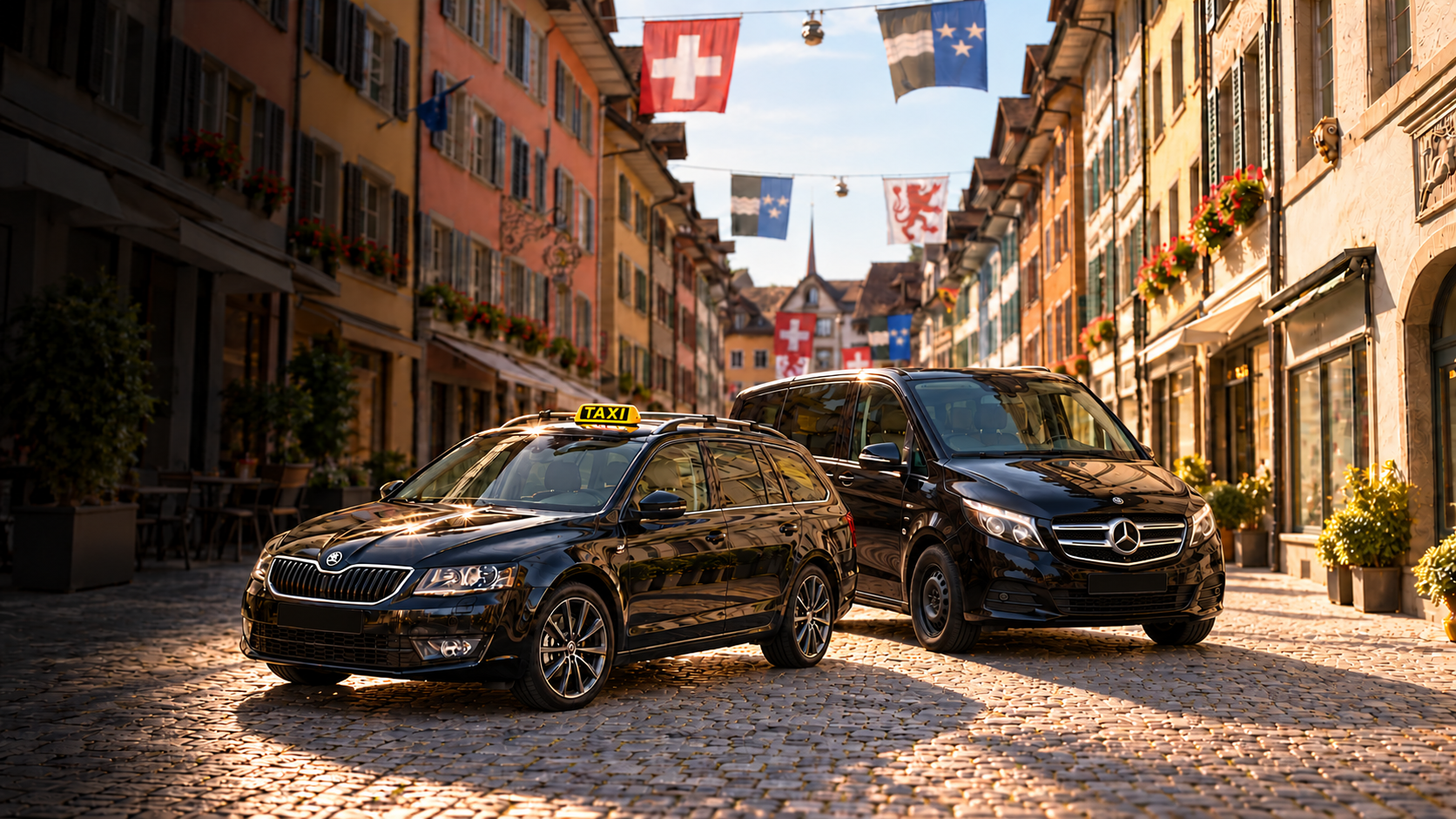 Bildmontage: Škoda Octavia Combi und Mercedes-Benz V-Class vor der Altstadt von Bremgarten